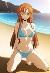 1girls ai_generated bikini blue_bikini brown_hair clothed clothed_female code_geass duderu_vanilla female female_only green_hair kneeling shirley_fenette solo swimsuit