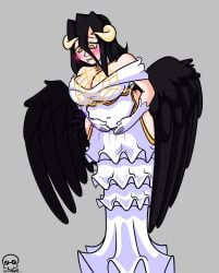 1girls 2d_(artwork) about_to_fart albedo_(overlord) artist_signature bangs belly belly_bulge belly_button big_breasts black_hair bloated bloated_belly blush blush_lines blushing_female boobs_bigger_than_head bowel_sounds breasts cleavage dress fart_inflation female female_only frills frown gassy gassy_female gurgling_belly hamb0ne hands_on_belly hips holding_belly holding_stomach horns imminent_fart long_bangs navel navel_visible_through_clothes not_furry overlord_(maruyama) slit_pupils stomach_noises text upset_stomach wings yellow_eyes