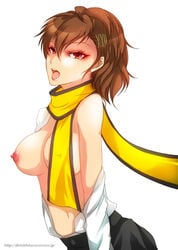 1girls big_breasts brown_hair female female_protagonist_(persona_3) kotone_shiomi megami_tensei nipples open_mouth persona persona_3 persona_3_portable red_eyes ryoji_mochizuki ryoji_mochizuki_(cosplay) short_hair solo solo_female solo_focus white_background