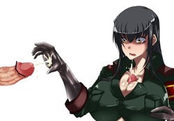 black_gloves black_hair breasts censored cleavage clothes cum ejaculation elbow_gloves facial female gloves huge_breasts kamen_no_hito large_penis magic_penis military military_uniform no_bra original paizuri paizuri_under_clothes penis pointless_censoring saeko_busujima shiny shiny_clothes shocked_eyes uniform yellow_eyes