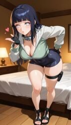 ai_generated bed black_footwear black_gloves black_hair blowing_kiss blunt_bangs blush boruto:_naruto_next_generations breasts cleavage covered_navel female fingerless_gloves forehead_protector full_body gloves hand_on_own_hip hand_up hd heart hyuuga_hinata indoors jacket konohagakure_symbol lamp large_breasts leaning_forward long_hair long_sleeves looking_at_viewer meitabuu naruto naruto_(series) parted_lips sandals shorts skindentation solo standing thigh_strap thighs toes uzumaki_hinata white_eyes