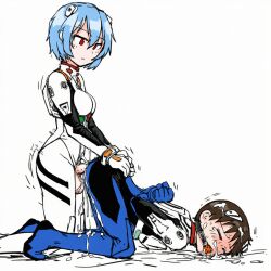 1boy 1futa ai_generated anal anal_sex arms_behind_back ball_gag blue_hair bodysuit breasts brown_hair cum cum_in_ass cum_inside cum_on_face cum_on_hair cum_overflow emotionless excessive_cum expressionless futa_on_male futadom futanari intersex kneeling looking_at_partner looking_down male medium_breasts neon_genesis_evangelion red_eyes rei_ayanami sex sex_from_behind sex_toy shinji_ikari short_hair simple_background white_background