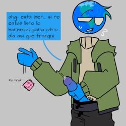 condom_wrapper earth_(solarballs) grabbing_own_penis masturbation penile_masturbation penis precum solarballs stroking_penis