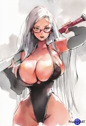 1girls ai_generated ayase_seiko breasts cigarette dandadan elbow_pads female female_only glasses huge_breasts long_hair milf narrow_waist one-piece_swimsuit priestofart shiny silver_hair solo solo_female thick_thighs watercolor watercolor_(artwork) watermark wide_hips
