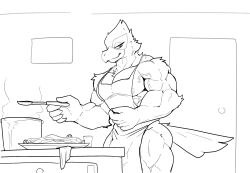5_fingers anthro apron apron_only avian beak beak_closed biceps big_muscles big_pecs biped bird black_and_white bulge closed_beak closed_smile clothing cooking cooking_pot deltoids detailed_background detailed_bulge digital_drawing_(artwork) digital_media_(artwork) door falco_lombardi feathers fingers food food_on_plate genital_outline glass hi_res holding_object huge_muscles humanoid_hands inside line_art looking_at_viewer majestictweive male male_anthro monochrome mouth_closed muscular muscular_anthro muscular_arms muscular_male muscular_thighs narrowed_eyes nintendo nipples non-mammal_nipples pecs penis penis_outline plate portrait quads smile smiling_at_viewer solo standing star_fox tail tail_feathers three-quarter_portrait three-quarter_view trapezius triceps vein veiny_muscles wall_(structure)