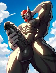 abs anthro armpit_hair armpits balls belwulf big_penis canid canine echo erection furry humanoid_penis low-angle_view male muscular muscular_male nude nude_male pansexual_male penis piercings precum solo_male veiny_penis