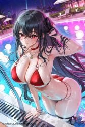ahoge arm_up armpits artist_request ass azur_lane bare_shoulders bikini black_hair blush bracelet breasts cg choker cleavage closed_mouth collarbone crossed_bangs female hair_between_eyes halterneck hand_in_own_hair jewelry large_breasts leaning_forward long_hair looking_at_viewer navel necklace night night_sky o-ring o-ring_bikini one_side_up outdoors pool pool_ladder poolside red_bikini red_choker red_eyes sideboob skindentation sky smile solo star_(sky) stomach string_bikini swimsuit taihou_(azur_lane) thigh_strap thighs tree umbrella very_long_hair wading water wet