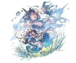 :d absurdly_long_hair antenna_hair aqua_trim asymmetrical_footwear asymmetrical_sleeves bag belt black_hair black_horns blue_sky bracelet breasts brown_eyes cleavage closed_eyes cloud cloudy_sky danua draph dress female foreshortening granblue_fantasy grass hair_between_eyes happy high-low_dress high_heels horn_ornament horns huge_breasts hugging_object jewelry knees_together_feet_apart long_hair messy_hair minaba_hideo multiple_views official_alternate_costume official_art on_grass open_mouth pointy_ears puppet shoulder_bag sky smile solo strappy_heels tall_grass teeth thigh_belt thigh_strap third-party_source train_(clothing) transparent_background two-sided_fabric upper_teeth_only very_long_hair
