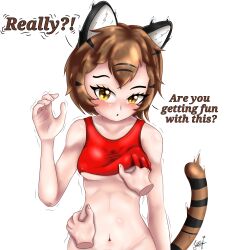 1boy1girl blouse boobs_grab breasts breasts_grab brown_eyes brown_hair disgusted disgusted_expression disgusted_face english english_text female flat_chest flat_chested grabbing_breasts grabbing_waist joey_wolf luna_(joey_wolf) male male_pov nipples_visible_through_clothing pov red_clothing red_shirt semi_nude shirt_only short_hair small_breasts tiger_ears tiger_girl tiger_tail tigergirl