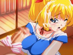 1boy 1girls animated blonde_hair blue_eyes censored cum cum_in_hair cum_on_face cum_on_hair erogos fellatio gloved_handjob gloves handjob light-skinned_female light-skinned_male light_skin mahotama miki_(mahotama) pink_gloves two-handed_handjob