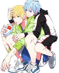 2boys basketball basketball_uniform blonde_hair blue_eyes blue_hair gay kise_ryouta kuroko_no_basuke kuroko_tetsuya male matching_hair_and_eyes multiple_boys no_socks shoes sneakers sports_uniform sportswear yaoi yellow_eyes