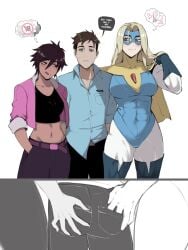 1boy 2d 2girls abs blonde_blazer dark-skinned_female dialogue dispatch_(game) english_dialogue english_text female female_abs hand_holding hand_in_pocket hand_on_ass handholding hands_on_ass horny_female horny_thoughts hr_violation invisigal lewd_thoughts light-skinned_female male masoq095 robert_robertson speech_bubble superhero_costume superheroine text touching_ass