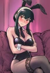 1girls ashamed big_boobs big_breasts blush blush_lines breasts bunny_ears bunny_girl bunnysuit couch couch_sitting curtain curtains diadem embarrassed embarrassed_expression embarrassed_female female female_focus female_only jei_games legs pantyhose red_couch red_eyes shame spy_x_family thorn_princess tie yor_briar yor_forger