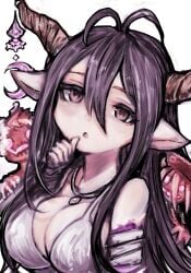 antenna_hair bandaged_arm bandages breasts crescent danua draph female granblue_fantasy gretel_(granblue_fantasy) hansel_(granblue_fantasy) highres horn_ornament horns jewelry large_breasts long_hair necklace pointy_ears red_eyes thumb_to_mouth tsukihi_shida upper_body white_background