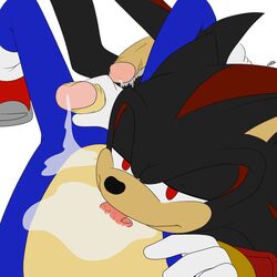 anthro black_fur blue_hair bluechika cum cumshot fur furry gloves hair handjob hedgehog licking looking_at_viewer male male_only multiple_males no_humans orgasm penis red_eyes sega sex shadow_the_hedgehog sonic_(series) sonic_the_hedgehog tongue tongue_out yaoi