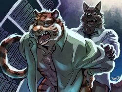anal anthro bent_over binders blue_necktie canid canine canis chest_tuft clothed clothing dark_body dark_fur duo felid feline fruitz fur gradient_background green_clothing green_shirt green_topwear male male/male mammal muscular muscular_male neck_tuft necktie office_sex orange_body orange_eyes orange_fur pantherine pantsless pantsless_anthro pantsless_male partial_nudity sex shelf shirt simple_background smile standing standing_sex striped_body stripes tail tiger tongue tongue_out topwear tuft unfastened_clothing white_clothing white_shirt white_topwear wolf