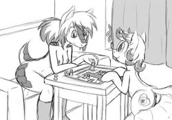 anthro anus armadillo ass black_and_white breasts cutie_mark dewflower equine female furry game hair horn horse monochrome my_little_pony nipples original_character pussy satch sketch smile socks table tg-0 unicorn