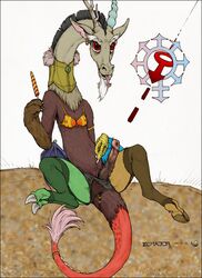 2012 anthro antler bra collaboration crossdressing discord_(mlp) draconequus ear_piercing ecmajor forked_tongue friendship_is_magic furry horn male male_only mrhart my_little_pony no_humans penis piercing red_eyes signature sitting solo straight_hair tongue tongue_out underwear