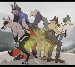 abs anthro ass athletic athletic_anthro athletic_male beastars belt big_butt black_belt black_eye_patch black_eyewear black_necktie body_worship brown_body brown_clothing brown_footwear brown_fur butt_sniffing butt_worship canid canine canis clothing death_(puss_in_boots) disney dreamworks eye_patch eyewear fart fart_cloud fart_fetish farting_on_another footwear fox fur green_body green_fur grey_body grey_fur group hi_res hill kneeling kurtis496 legoshi_(beastars) looking_at_another looking_back looking_back_at_another male male/male mammal mountain mountain_range mr._wolf_(the_bad_guys) nature nature_background necktie nervous nick_wilde nintendo onomatopoeia orange_body orange_eyes orange_fur puss_in_boots_(franchise) raised_tail red_eyes shirt shoes smile smirk smirking_at_another sniffing sound_effects star_fox suspenders tail tan_body tan_fur text the_bad_guys topwear white_body white_clothing white_fur white_shirt white_topwear wolf wolf_o'donnell zootopia
