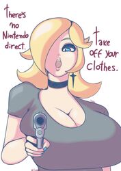 1girls blonde_hair blue_eyes blue_nails breasts choker clothed dedalo earrings english_text female female_only firearm gun gunpoint handgun huge_breasts long_hair looking_at_viewer mario_(series) meme nail_polish nintendo open_mouth pointing pointing_at_viewer pov princess_rosalina simple_background solo source_request star_earrings talking_to_viewer text threatening weapon white_background