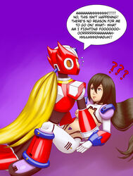 1boy 1girls ? blonde_hair brown_hair female funny green_eyes humor iris_(mega_man) kreschun long_hair male mega_man mega_man_x meme missionary missionary_position parody premature_ejaculation raised_eyebrow sex speech_bubble straight text zero_(mega_man)