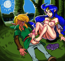 1boy 1girls barefoot blue_eyes blue_hair breasts feet female footjob link long_hair male nail_polish nayru necklace open_mouth open_toe_shoes oracle_of_ages painted_toes penis pussy the_legend_of_zelda toes