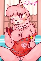 alpaca animal_crossing anthro bare_shoulders blush breasts clothes dizzy_(artist) dress eyelashes fur furry hair looking_at_viewer mammal nintendo nipples pink_fur pink_hair pussy reese_(animal_crossing) sitting spread_legs strap_pull tongue wink