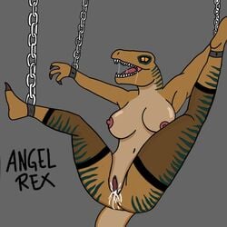 1girl 1girls 3_fingers after_sex amber_eyes angel_rex anthro bondage breasts chained chains cum cum_inside dinosaur echo_(jurassic_world) female female_only fluids grey_background happy happy_female jurassic_park jurassic_world jurassic_world_alive jurassic_world_camp_cretaceous jurassic_world_evolution jurassic_world_fallen_kingdom leaking_cum legs_apart lingerie looking_at_viewer naked navel non-mammal_breasts non-mammal_nipples open_mouth pink_areola pink_nipples pink_pussy post_orgasm saliva scalie sharp_claws sharp_teeth simple_background stripes suspension tan_body tan_scales tied_feet tied_hands tied_up vagina velociraptor yellow_eyes