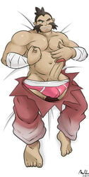 1boy bara chuck_(pokemon) human maldu male male_only nipple_pinch penis pink_underwear pokemon solo tagme underwear winking