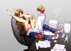 2boys alfred_jones america_(hetalia) arthur_kirkland axis_powers_hetalia bottomless desk england_(hetalia) gay jacket male multiple_boys shoes short_hair sneakers sweat vase yaoi