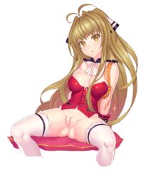 amagi_brilliant_park brown_hair cleavage corset female fiodo gloves hair_ribbon long_hair no_panties pussy ribbon sento_isuzu sitting solo thighhighs uncensored yellow_eyes