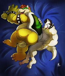 3_toes 4_fingers anal anal_sex anthro ass balls barefoot beige_skin big_balls big_butt black_eyes black_hair bowser canine chubby claws closed_eyes collar donryu dragon from_behind fur furry green_skin grey_nose grey_skin hair happy hi_res horn japanese king koopa langdon lizard looking_back lying male male_only mario_(series) nintendo nipples no_humans nude on_side open_mouth pecs penetration red_hair red_skin reptile royalty scalie sex shadow sharp_teeth shell shiny short_hair size_difference skin smile spikes squint teeth tongue tongue_out turtle white_fur wolf wrinkles yaoi yellow_skin