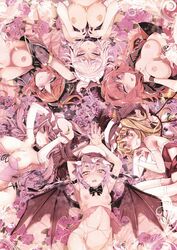 6+girls arms_up babydoll blonde_hair blush braid breasts cum cum_on_body cum_on_breasts cum_on_upper_body facial flandre_scarlet flower garter_belt garters haruhina_purple highres hong_meiling koakuma lingerie long_hair multiple_girls nipples on_back open_mouth patchouli_knowledge purple_hair red_eyes remilia_scarlet rose sakuya_izayoi short_hair smile succubus thighhighs touhou underwear white_legwear