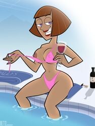 1girls areola ass bikini breasts busty cleavage danny_phantom dlt drunk female female_only hourglass_figure human large_breasts looking_at_viewer madeline_fenton milf nipples pointy_chin pool solo undressing voluptuous wine wine_glass