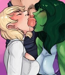 2girls achtland avengers big_breasts blonde_hair closed_eyes collaborative_fellatio crossover dc dc_comics double_fellatio fellatio ffm_threesome green-skinned_female green_hair green_skin hulk_(series) justice_society_of_america kara_zor-l large_breasts light-skinned_female light-skinned_male marvel marvel_comics multiple_fellatio oral penis power_girl precum pubic_hair she-hulk straight superman_(series) teamwork threesome uncensored