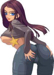 arched_back areola ass bent_over big_ass blue_eyes breasts brown_hair female female_only hands_on_ass jessica_smoke leaning_forward lipstick long_hair looking_back m.u.g.e.n necklace nipples no_bra pixel_art real_person self_insert shirt_lift sideboob skin_tight solo standing tight_clothes tight_pants transparent_background underboob warnerc