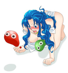 blue_eyes blue_hair blushing breast breasts_out embarrassed embarrassed_female green_puyo madou_monogatari puyo_(puyopuyo) puyo_puyo red_puyo rulue tagme