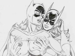 2girls areolae barbara_gordon batgirl batman_(series) batwoman breast_grab breasts cleavage clothing dc erect_nipples female female_only kate_kane multiple_girls nipples peter_temple voluptuous yuri