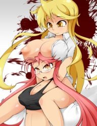 blonde_hair eyelashes female female_only glasses highschool_of_the_dead huge_breasts nipples open_clothes pink_hair saya_takagi shizuka_marikawa smile tanktop twintails urban-centre yellow_eyes