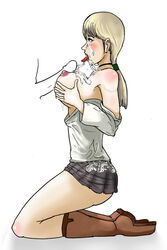 1girls blonde_hair blue_eyes blush boots breast_grab capcom cum cum_on_breasts cum_on_face demento female fiona_belli haunting_ground large_breasts okamisaga open_mouth oral paizuri penis ponytail skirt straight thighs titfuck titjob tongue topless