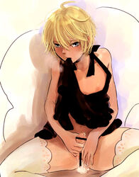 1boy assistant blonde_hair blue_eyes blush breath censored cum cum_in_ass cum_inside femboy girly humanity_has_declined jinrui_wa_suitai_shimashita joshu-san looking_at_viewer male male_only masturbation penis shirt_lift short_hair simple_background solo stockings