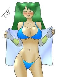 blue_bikini blush breasts green_eyes green_hair harvest_goddess harvest_goddess_(harvest_moon) harvest_moon tagme zerphoon