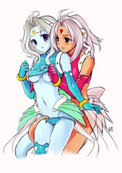 2girls bishoujo_senshi_sailor_moon blue_skin blush breasts castor_(sailor_moon) clothing dark_kingdom female female_only humanoid large_breasts monster_of_the_day mostly_nude orange_skin panties panties_pull pollux_(sailor_moon) sasori_gatame_(krizpi) short_hair small_breasts tail villainess youma yuri