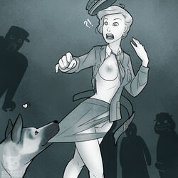 1animal 1girls 4boys ?! animal_pulling_clothes assisted_exposure canid canid_on_humanoid canine_on_human crowd crowd_watching dog domestic_dog drooling enf exposed_pussy female female_human foyle's_war functionally_nude_female heart hetero human male male/female male_canine medium_breasts military_uniform naughty_animal ninjakitty no_bra no_panties one_breast_out ripped_clothing samantha_stewart tagme torn_clothes torn_skirt