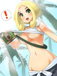 big_breasts blonde_hair boris_(noborhys) breasts camera exclamation_point female female_only game_freak green_eyes gym_leader holding_camera hourglass_figure navel open_mouth pokemon pokemon_xy shoushin_(shoushin94) solo speech_bubble spoken_exclamation_point tank_top tank_top_lift underboob viola_(pokemon)