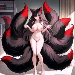 1girls adorable ai_generated black_hair breasts cute fan_character female female_focus female_only fox fox_ears fox_girl fox_tail kitsune kitsunemimi large_breasts long_hair multicolored_hair multiple_tails nine_tailed_fox nsfw nude nude_female original original_character perfect_body sexykitsune tails thick_thighs