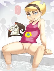 1boy 1girls blonde_hair blue_eyes bottomless cartoon_network edit female grim half-closed_eyes human innie_pussy looking_at_viewer mandy mandy_(billy_and_mandy) maou_alba pussy short_hair small_breasts spread_legs sweatdrop the_grim_adventures_of_billy_and_mandy thick_eyebrows young