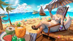 anthro arcanelynx avian beach beverage biped bird boat body_hair breasts brown_body brown_fur brown_hair canid canine canis chair chest_fur chest_hair chest_tuft claws clothing coconut container cup digital_drawing_(artwork) digital_media_(artwork) digitigrade drinking_glass drupe_(fruit) feet female fingers flip_flops fluffy fluffy_ears fluffy_hair fluffy_neck_fur fluffy_tail food footwear fox fruit fur furniture glass glass_container glass_cup grape gull hair holding_object lari larid lavender_(lavendervixenz) looking_at_viewer lynx_arcane mammal melon neck_tuft nipples nude outside palm_tree pawpads paws plant sand sandals sea seaside sitting sky smile solo tail tail_tuft tan_body tan_fur toes tree tuft umbrella vehicle water watercraft watermelon watermelon_slice