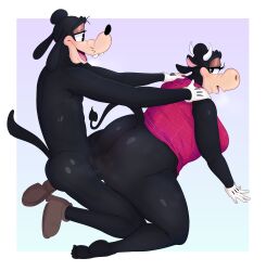 absurd_res anthro ass bedroom_eyes big_butt bodily_fluids boolishclara bovid bovine breasts canid canine cattle clarabelle_cow clothing disney duo feet female goofy_(disney) grabbing_from_behind hi_res male male/female mammal moan narrowed_eyes penetration pose seductive sex thick_thighs