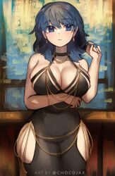 1girls black_choker black_dress blue_eyes blue_hair blush breasts byleth_(fire_emblem) byleth_(fire_emblem)_(female) chocojax choker cleavage commentary cowboy_shot dress earrings female female_only fire_emblem fire_emblem:_three_houses highres hip_vent hourglass_figure jewelry large_breasts long_hair looking_to_the_side meme_attire modakawa_dress nintendo sleeveless sleeveless_dress solo standing wide_hips